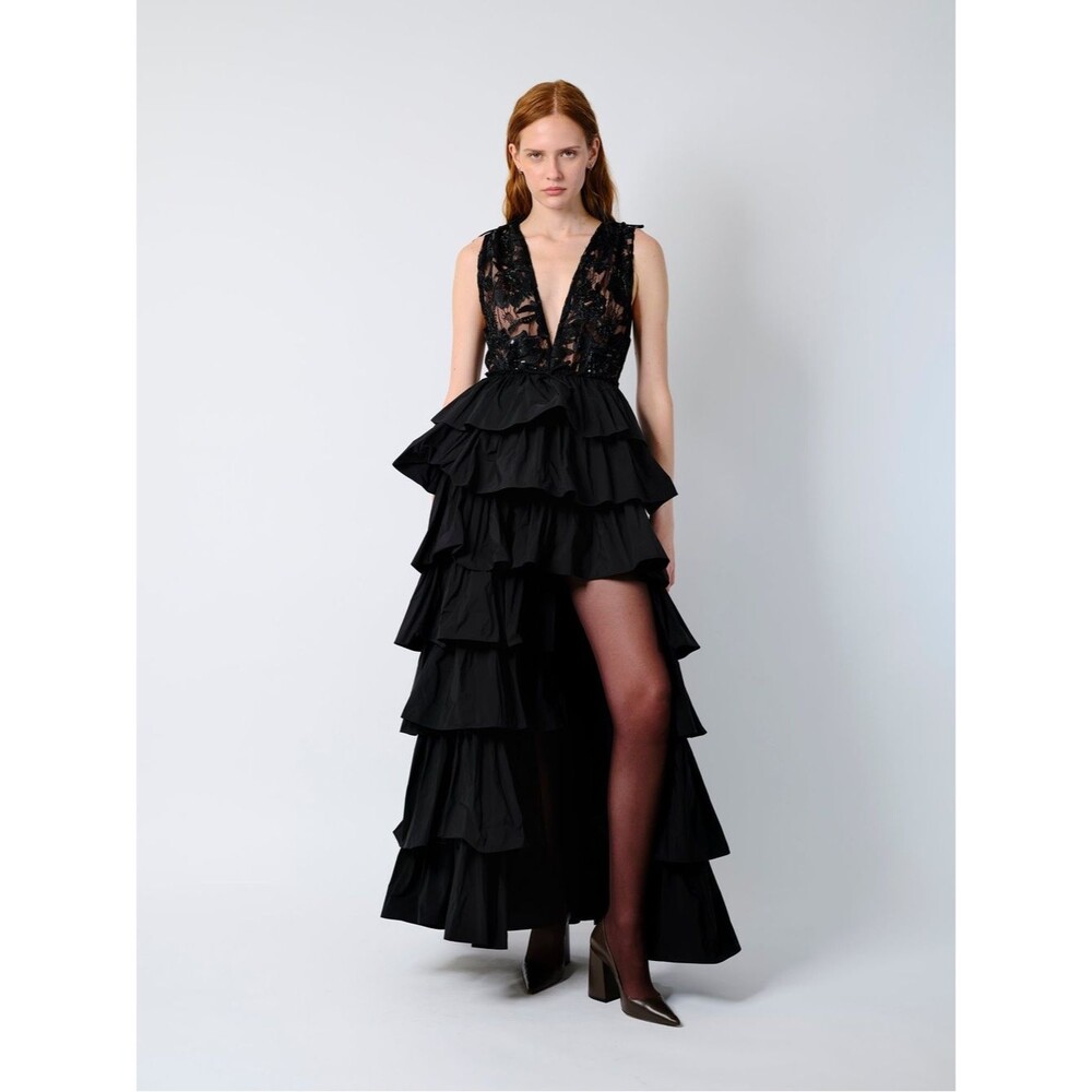 New Aknvas The Etta gown in lace and taffeta, Black Lace Bodice Tiered Ruffle